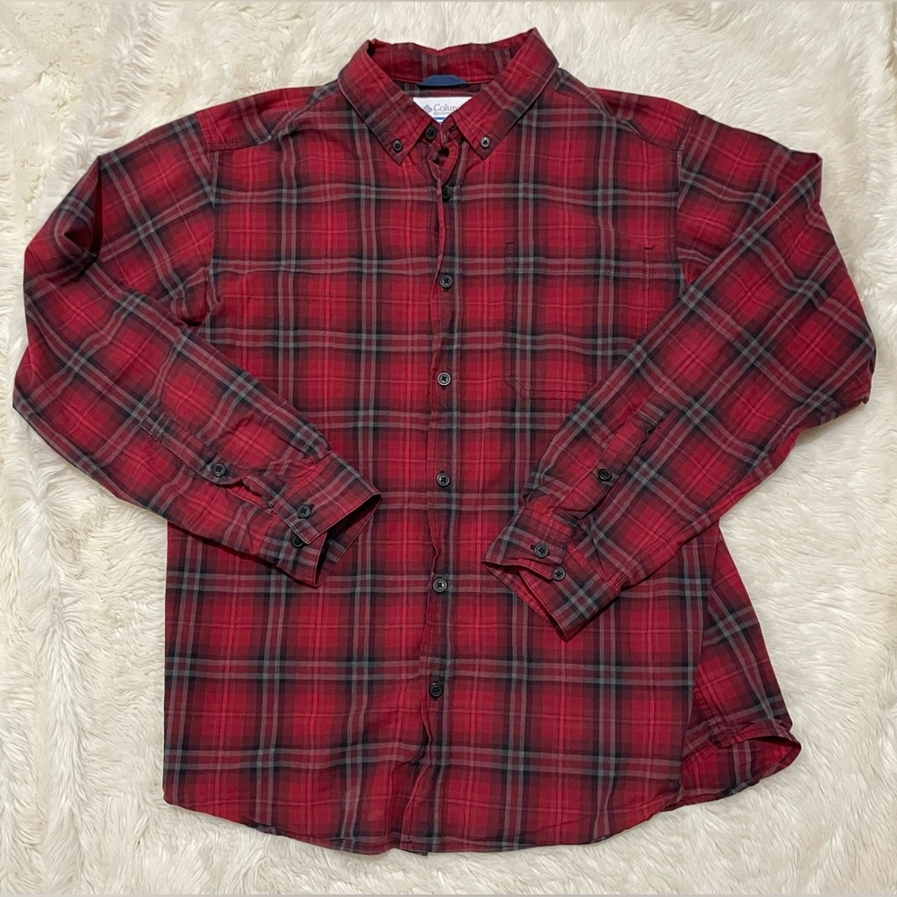 Columbia * Plaid Button Down Shirt, Red / Gray / Black, Men’s Large